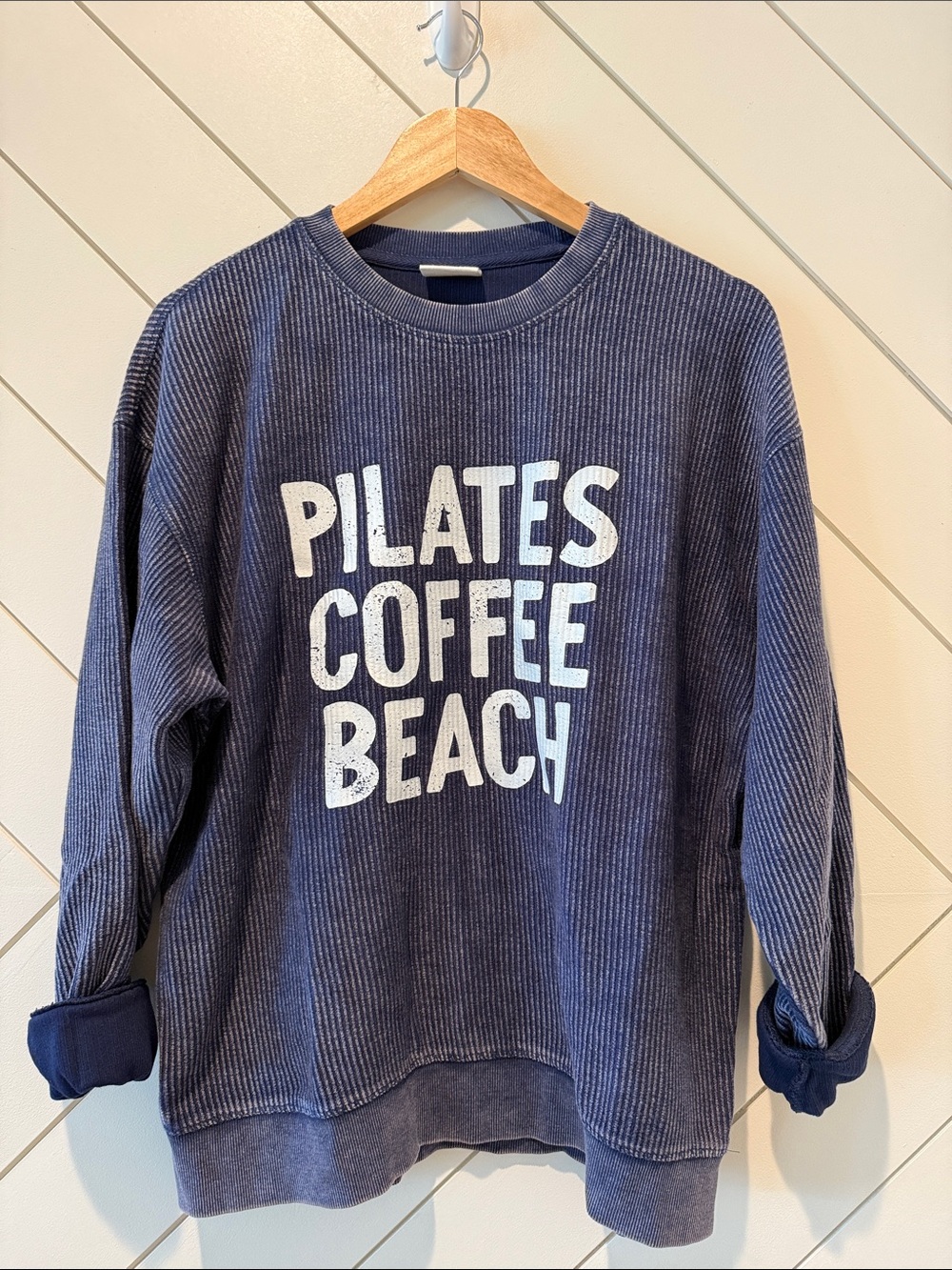Navy 'Pilates Coffee Beach' Graphic Crewneck Sweatshirt